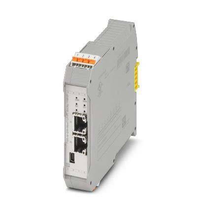 Phoenix Contact Industrial Ethernet-Switch, ein schlankes, graues Gerät mit mehreren Anschlüssen. Wird für Netzwerkverbindungen in industriellen Umgebungen eingesetzt.