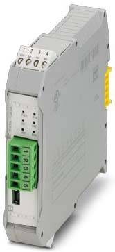Ein kompaktes elektronisches Gerät mit nummerierten grünen Anschlussklemmen, wahrscheinlich für industrielle oder elektrische Anwendungen verwendet.