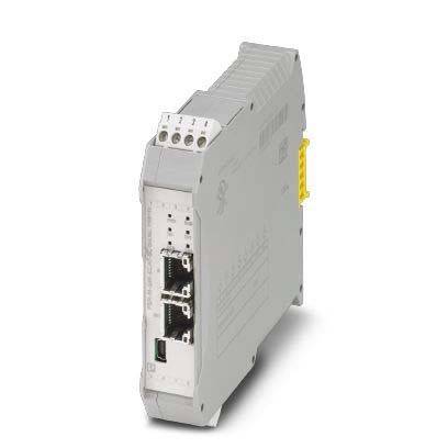 Ein grauer industrieller Netzwerkgerät mit mehreren Ethernet-Ports und Anzeigelichtern, der für die Konnektivität in Automatisierungssystemen verwendet wird.