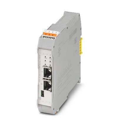Ein grauer industrieller Netzwerkswitch mit mehreren Anschlüssen, konzipiert für die Montage auf einer DIN-Schiene, ausgestattet mit Konnektivitätsindikatoren.