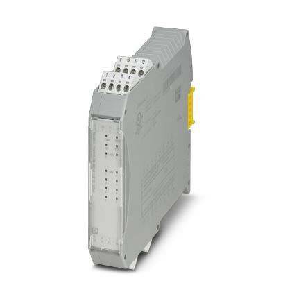 Ein graues elektronisches Modul wird gezeigt, das mehrere Anschlussports auf seiner Oberseite aufweist und für die Montage auf einer Hutschiene in industriellen Umgebungen konzipiert ist.
