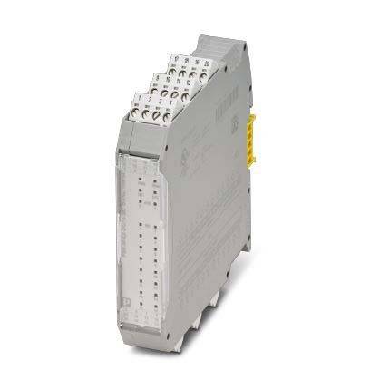 Ein grauer elektronischer Modul mit Anschlussklemmen und Beschriftungen, der für industrielle Automatisierung oder Steuerungssysteme verwendet wird.