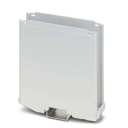 Eine Montageplatte aus Metall und Kunststoff für elektronische Komponenten, mit rechteckiger Form und einem Ausschnitt am unteren Ende für Kabelzugang.