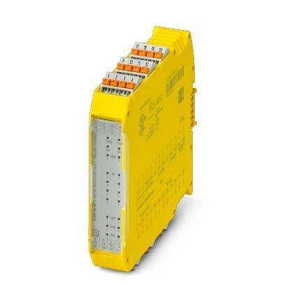 Ein gelbes Sicherheits-Relaismodul von Phoenix Contact, das Anschlussports und Beschriftungen für industrielle Automatisierungsanwendungen zeigt.