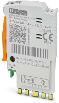 Eine kleine elektrische Komponente mit Barcode und CE-Kennzeichnung. Sie verfügt über verschiedene Beschriftungen und einen grünen Anschluss für Verbindungen links unten.