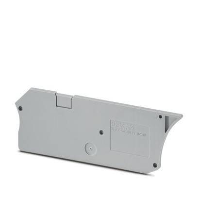 Eine graue Kunststoffbatteriabdeckung mit rechteckiger Form und einer kleinen kreisförmigen Vorwölbung, möglicherweise für ein Spielgerät oder ein elektronisches Gerät.