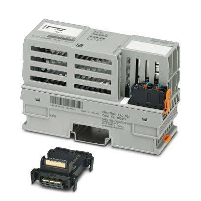 Eine kompakte, modulare elektronische Komponente mit mehreren Anschlussports und einem abnehmbaren schwarzen Modul, entwickelt für industrielle Automatisierung.
