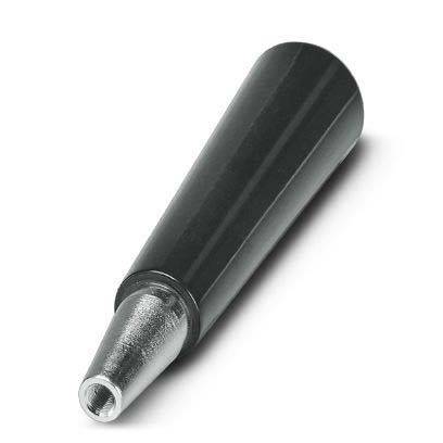 Eine Nahaufnahme der Spitze eines schwarzen und silbernen Lötkolbens, die seine konische Form und metallische Oberfläche hervorhebt, der für präzise elektronische Arbeiten verwendet wird.