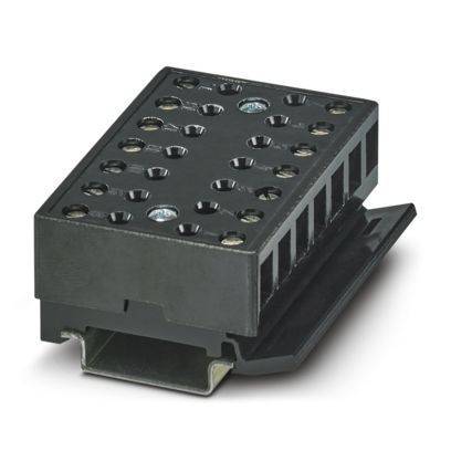 Eine schwarze, rechteckige elektronische Komponente mit mehreren Löchern und auf einer Schiene montiert, möglicherweise für industrielle oder elektrische Installationen.