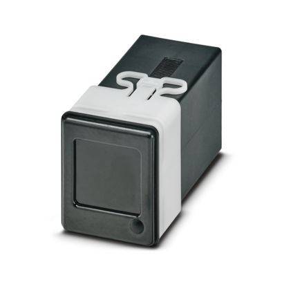 Ein schwarzer rechteckiger Kippschalter mit weißer äußerer Gehäuseverkleidung und sichtbaren Installationsklammern, verwendet für elektronische Geräte.