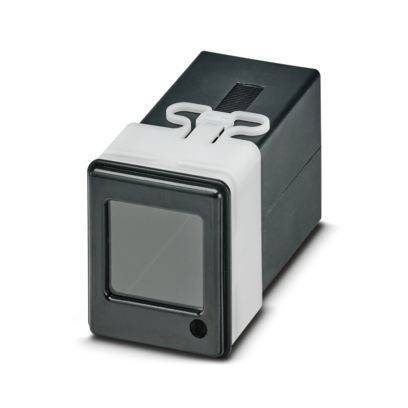 Eine schwarze und weiße elektrische Komponente mit quadratischem Gesicht und einem Stecker oben, die für Bedienfeld-Schnittstellen verwendet wird.