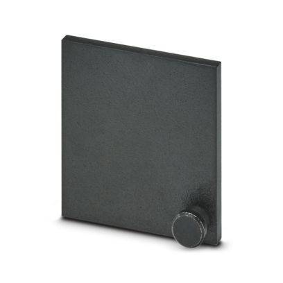 Eine quadratische schwarze Metallplatte mit einer zylindrischen Befestigung an der unteren Ecke, entworfen für industrielle oder mechanische Anwendung.