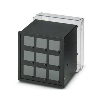 Ein schwarzes, würfelförmiges Gerät mit einem Gitter aus neun Tasten auf der Vorderseite, untergebracht in einem transparenten Schutzgehäuse.