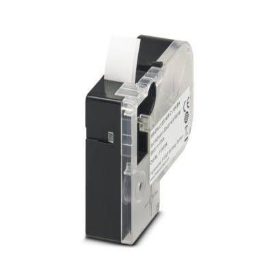 Eine Nahaufnahme einer schwarzen und durchsichtigen Etikettendruckerkassette, die das aus der Oberseite austretende Klebeband zeigt.
