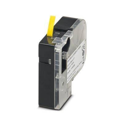 Schwarze und transparente Etikettendruckerband-Kassette mit gelbem Zugband oben, entwickelt für elektronische Beschriftungsmaschinen.