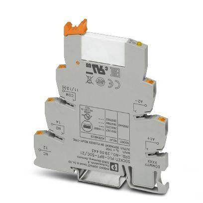 Eine graue elektrische Komponente mit orangefarbenen Akzenten, die Anschlüsse und beschriftete Abschnitte aufweist, wahrscheinlich für industrielle Automatisierungs- oder Steuerungsanwendungen verwendet.