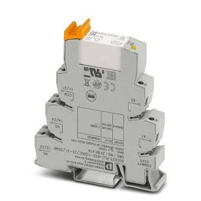 Elektrisches Relais mit DIN-Schienenbefestigung, versehen mit Beschriftungen und Zertifizierungen. Verwendet für elektrische Steuerungs- und Automatisierungssysteme.