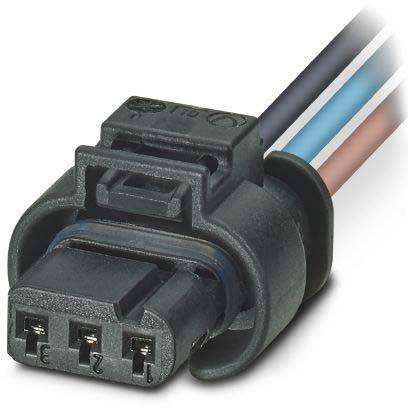 Ein dreipinniger elektrischer Steckverbinder mit schwarzem Gehäuse, der mit drei farbigen Leitungen verbunden ist: schwarz, weiß und blau, die unterschiedliche Funktionen anzeigen.
