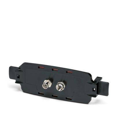 Eine schwarze elektronische Komponente mit zwei metallischen Anschlüssen und Befestigungskonsolen auf jeder Seite.