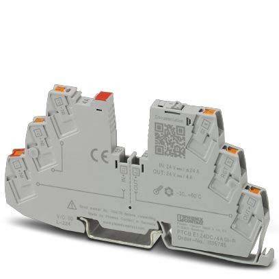 Phoenix Contact Relais, 24V DC Eingang, 240V AC Ausgang. Graues Gehäuse mit orangen Anschlüssen, QR-Code und Zertifizierungsmarkierungen.