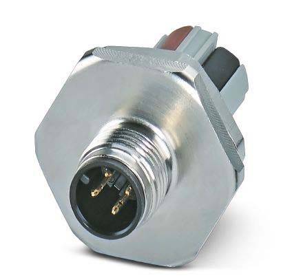 Metallischer Elektroanschluss mit drei sichtbaren Stiften, sechseckiger Basis und Kunststoffgehäuse, der für eine sichere Befestigung in elektronischen Geräten konzipiert ist.