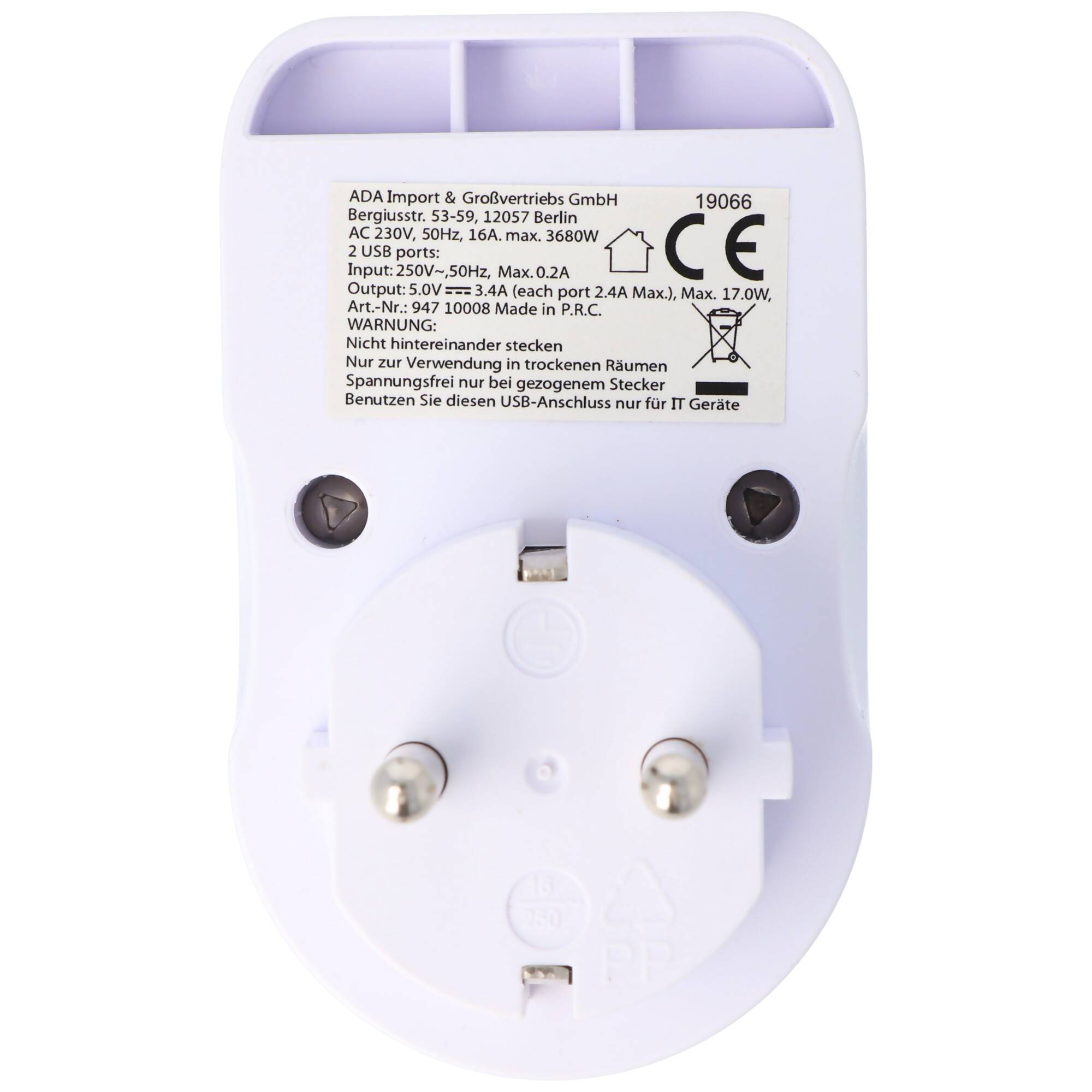 Zwischenstecker Schuko 1-fach mit 2x USB-Ladebuchse und praktischer Handyhalterung