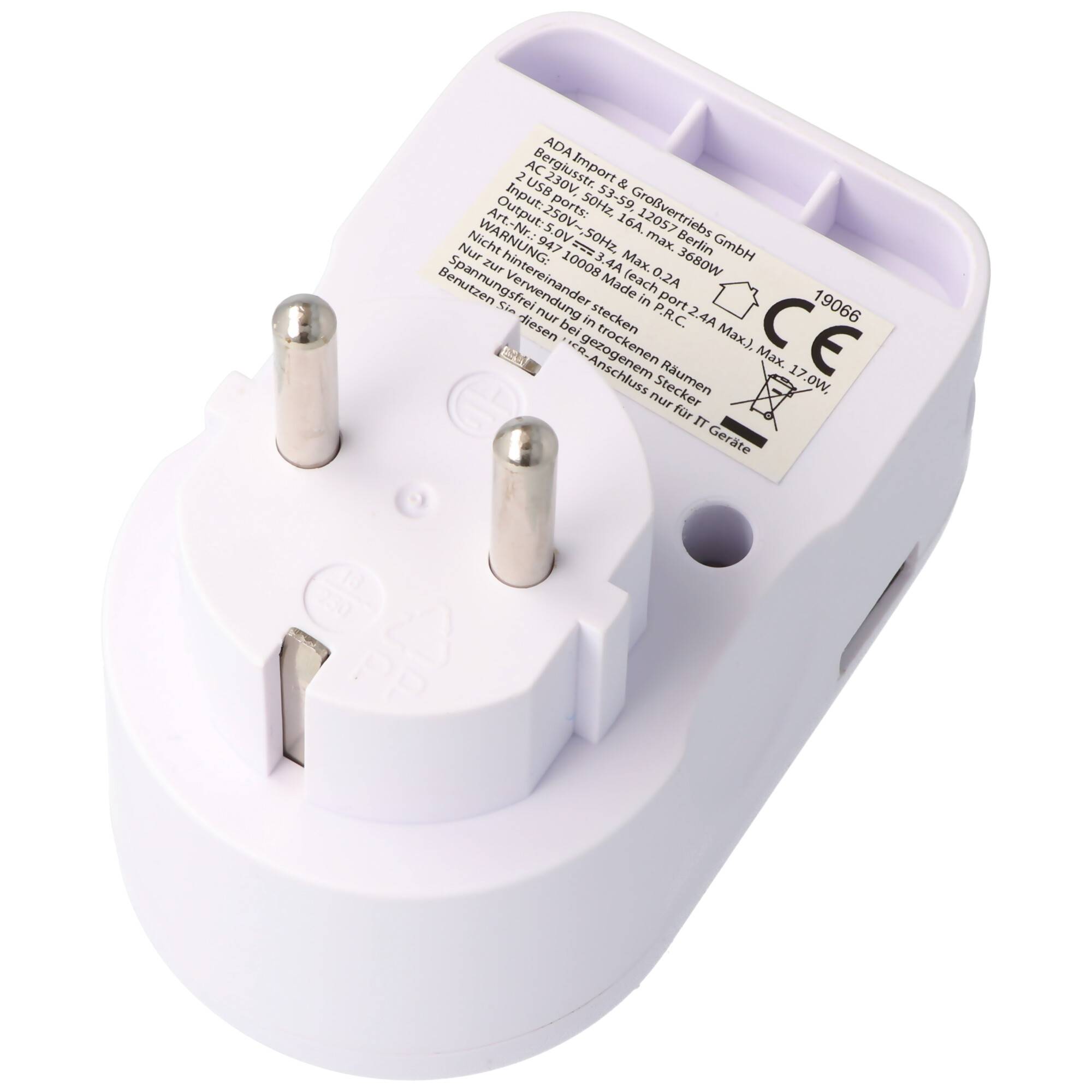 Zwischenstecker Schuko 1-fach mit 2x USB-Ladebuchse und praktischer Handyhalterung