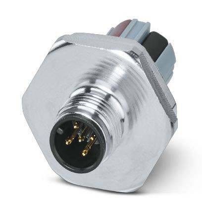 Ein metallischer, sechseckiger industrieller Verbinder mit vier goldenen Kontaktstiften, der für elektrische Verbindungen in Maschinen oder Ausrüstungen verwendet wird.