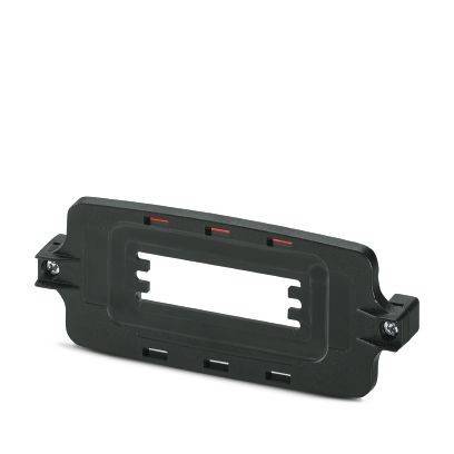 Ein schwarzer Kunststoff-Montagebügel mit einem rechteckigen Ausschnitt, entwickelt zur Befestigung elektronischer Komponenten und ausgestattet mit seitlichen Schraubenlöchern.