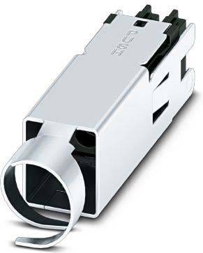 Ein metallischer RJ45-Stecker mit einer Schutzverkleidung, entwickelt für Netzwerkkabelung, von einem Winkel aus dargestellt, um die Anschlussports zu zeigen.