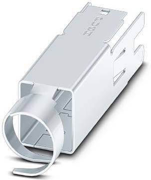 Ein rechteckiger Metallverbinder mit einem offenen kreisförmigen Ende, entwickelt für elektrische oder Datenkabelanschlüsse.