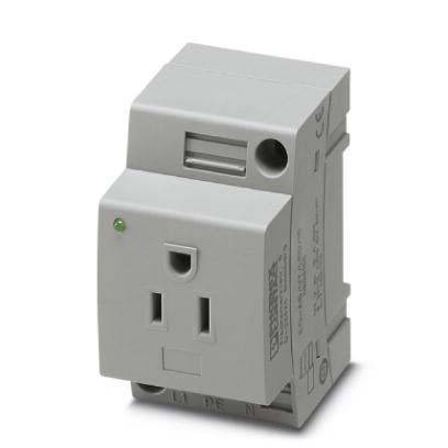 Ein grauer elektrischer Steckdosenmodul für eine Leiterplatte mit einem Ausgang und einer Kontrollleuchte, verwendet für industrielle Verdrahtungsanwendungen.