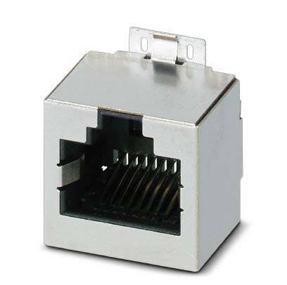 Eine Metall-RJ45-Netzwerkbuchse mit sichtbarer Pinbelegung, die für Ethernet-Kabelverbindungen in Netzwerkhardware verwendet wird.