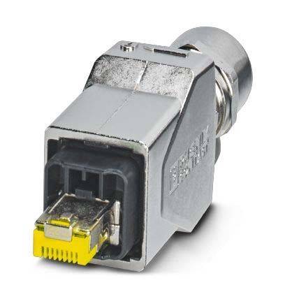 Ein metallischer industrieller Netzwerkverbinder mit kompaktem Design und einem gelbspitzigen Anschluss für Ethernet-Konnektivität.