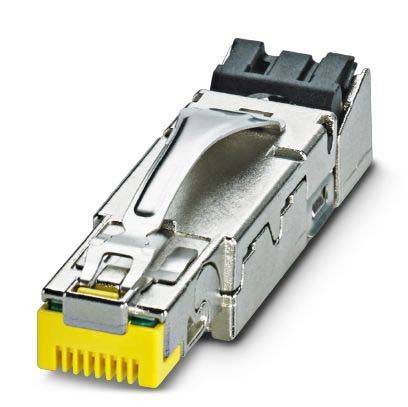 Ein Glasfaser-SFP (Small Form-factor Pluggable) Modul mit silbernem Gehäuse und einem gelben Anschluss, verwendet für Netzwerkverbindungen.
