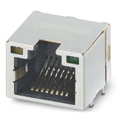 Ein silberner Ethernet-Anschluss mit sichtbaren Metallstiften im Inneren. Zwei kleine LED-Leuchten sind oben am Anschluss zu sehen.