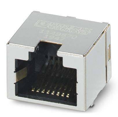 Ein metallischer quadratischer RJ45-Ethernet-Anschlussverbinder mit sichtbaren internen Pins, der für Netzwerkkabelverbindungen verwendet wird.