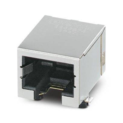 Metallischer rechteckiger Netzwerkstecker mit acht Stiftkontakten und Befestigungswinkeln, wird für Ethernet-Verbindungen verwendet.