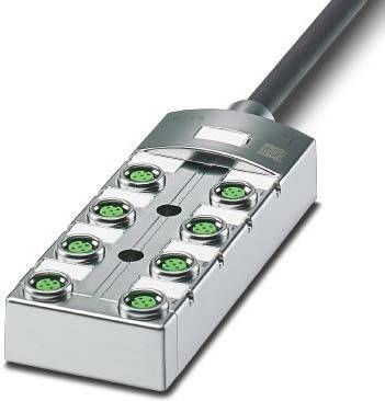 Ein Metallverbindungsblock mit acht kreisförmigen, grün gefärbten Anschlüssen, die in zwei Reihen angeordnet sind, mit einem schwarzen Kabel, das von einem Ende abgeht.