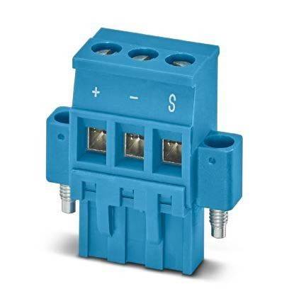 Ein blauer elektrischer Anschluss mit drei beschrifteten Anschlüssen: '+', '-' und 'S', der für verschiedene elektrische Verbindungen verwendet wird.