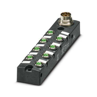 Ein schwarzes und graues Industriverbinderelement mit acht Anschlüssen und einem runden 12-poligen Stecker an einem Ende, das in Automatisierungssystemen verwendet wird.