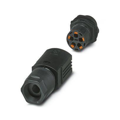 Zwei schwarze elektronische Anschlüsse, einer zeigt die Steckseite und der andere mit sichtbarer Innenverdrahtung, auf einem weißen Hintergrund.