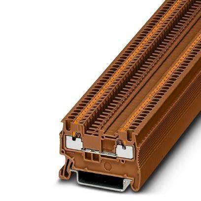 Ein brauner Reihenklemmenblock mit zwei Reihen von Anschlusspunkten, der zum Sichern und Organisieren von elektrischen Kabeln in einem Stromsystem verwendet wird.