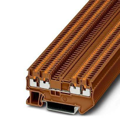 Nahaufnahme eines braunen Reihenklemmenblocks mit mehreren Anschlusspunkten, der in elektrischen Anwendungen zur Sicherung und Organisation von Leitungen verwendet wird.