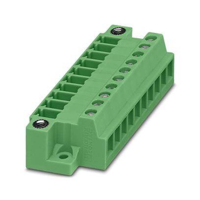 Ein grüner Plastik-Terminalblock für elektrische Anschlüsse, der mehrere Schraubklemmen in einem kompakten rechteckigen Design aufweist.