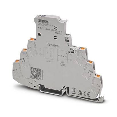 Eine dreieckige graue elektronische Komponente mit mehreren Anschlüssen, gekennzeichnet mit 