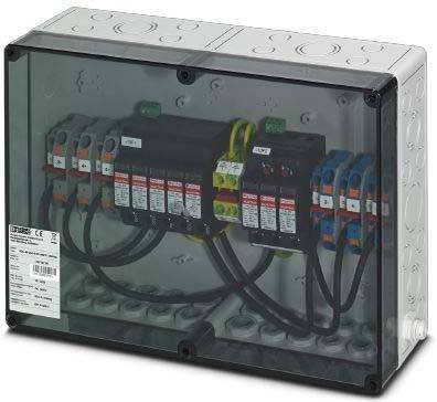Eine rechteckige elektrische Verteilerdose mit mehreren Sicherungsautomaten und farbigen Leitungen, die durch einen transparenten Deckel sichtbar sind.