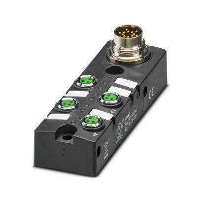 Ein Industriesteckverbinder mit mehreren runden Anschlüssen und einem größeren mehrpoligen Stecker, wahrscheinlich für elektrische Verbindungen in Maschinen verwendet.