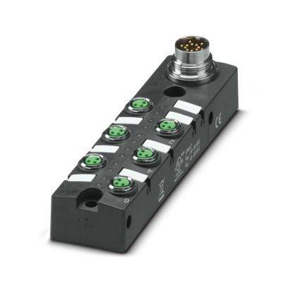 Ein schwarzes Industriegerät mit sechs grünen kreisförmigen Anschlüssen und einem größeren schwarzen kreisförmigen Stecker an einem Ende. Es enthält Zertifizierungsmarkierungen.