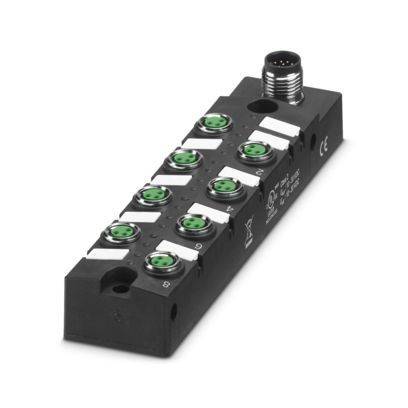 Schwarzes industrielles Sensormodul mit acht grünen Anschlussanschlüssen und einem Kabelstecker oben, auf weißem Hintergrund dargestellt.